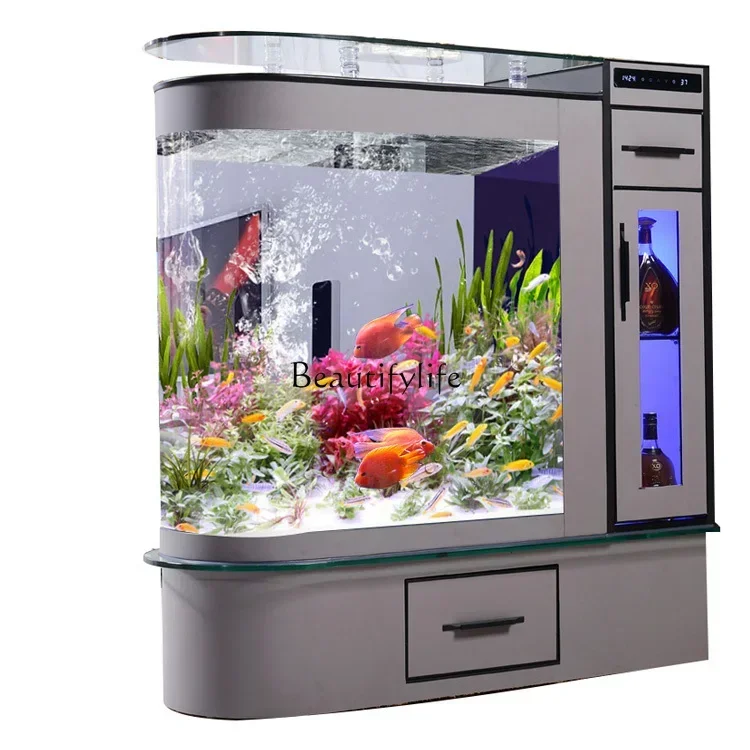 Floor-Standing Large Glass with Wine Cabinet Partition Hallway Fish Globe Aquarium