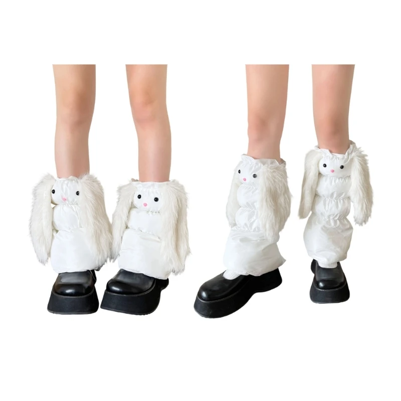 QXND Women's Insulated Thermal Padded Puffer Leg Warmers with Long Rabbit Ears Outdoor Cold Weather Quilted Boot Covers Socks
