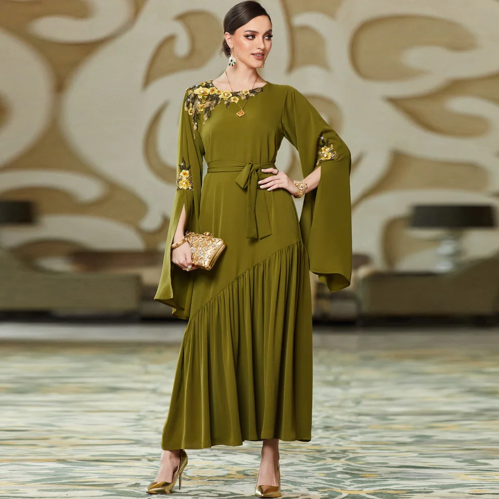 BA3048 New Military Green Extra Long Swing Sleeve Embroidered Decal Dress Dubai Dress