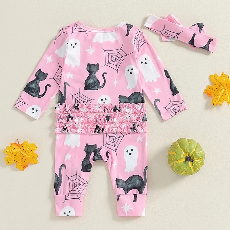 2024-06-29 Lioraitiin 0-12M Baby Meisje Halloween Bodysuits Ghost Spinnenweb Print Rits Up Lange Mouw Herfst Romper Hoofdband Outfits