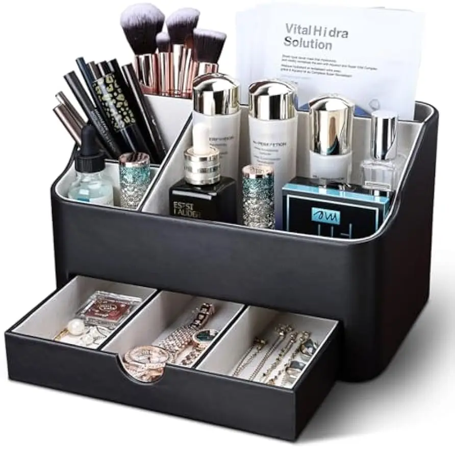 

Кожаный органайзер для макияжа с выдвижным ящиком, хранилище для косметики для комода и туалетного столика в ванной комнате