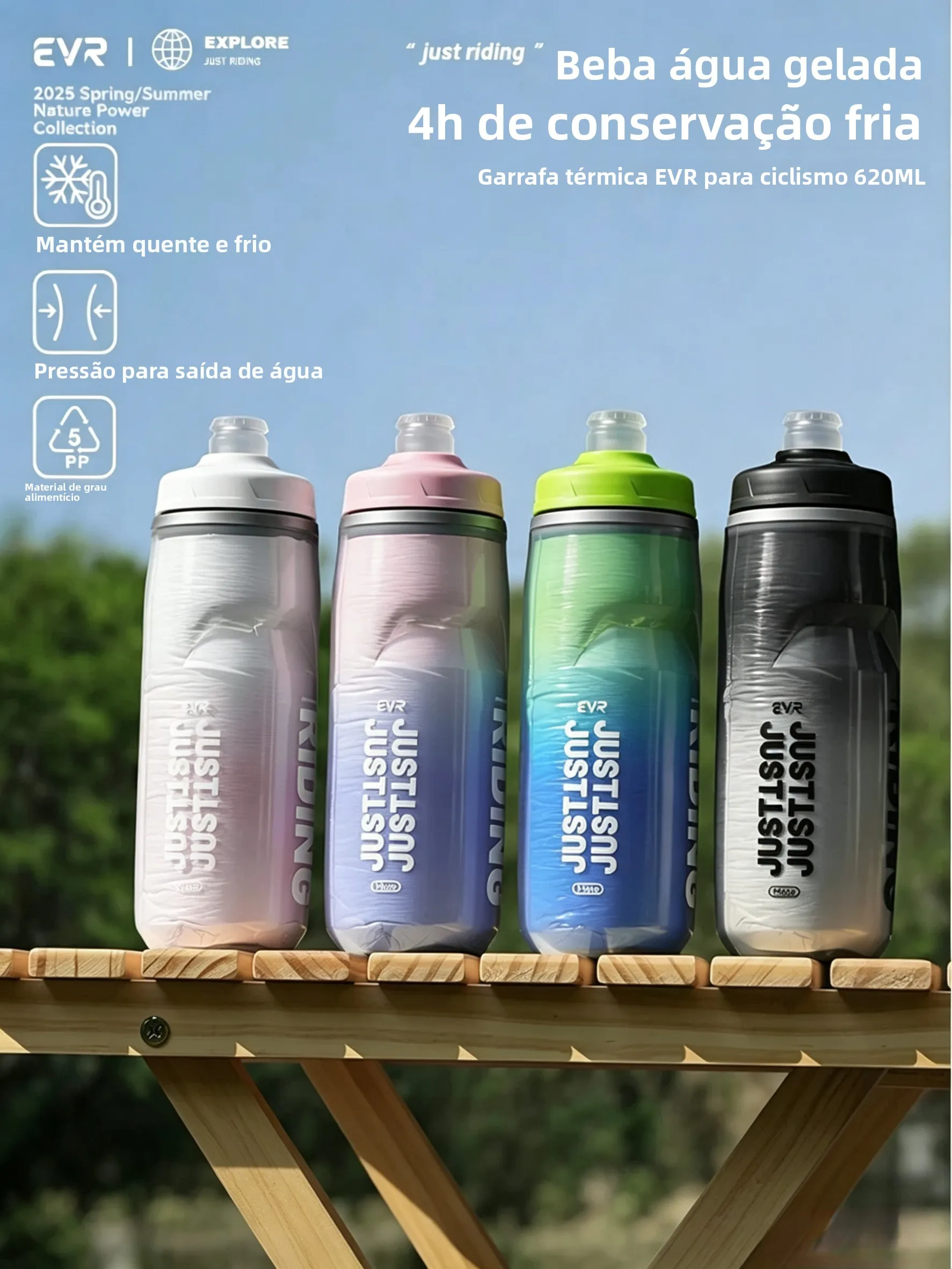 Garrafa Térmica de Ciclismo EVR para Bicicleta de Estrada, Copo Esportivo Isolado de Grande Capacidade com Quatro Camadas, Ac...