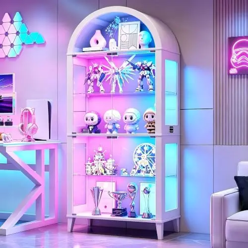 5-Tier Arched Glass Display Cabinet with RGB Lights for Living Room | LED Curio Cabinet with Glass Door & Motion