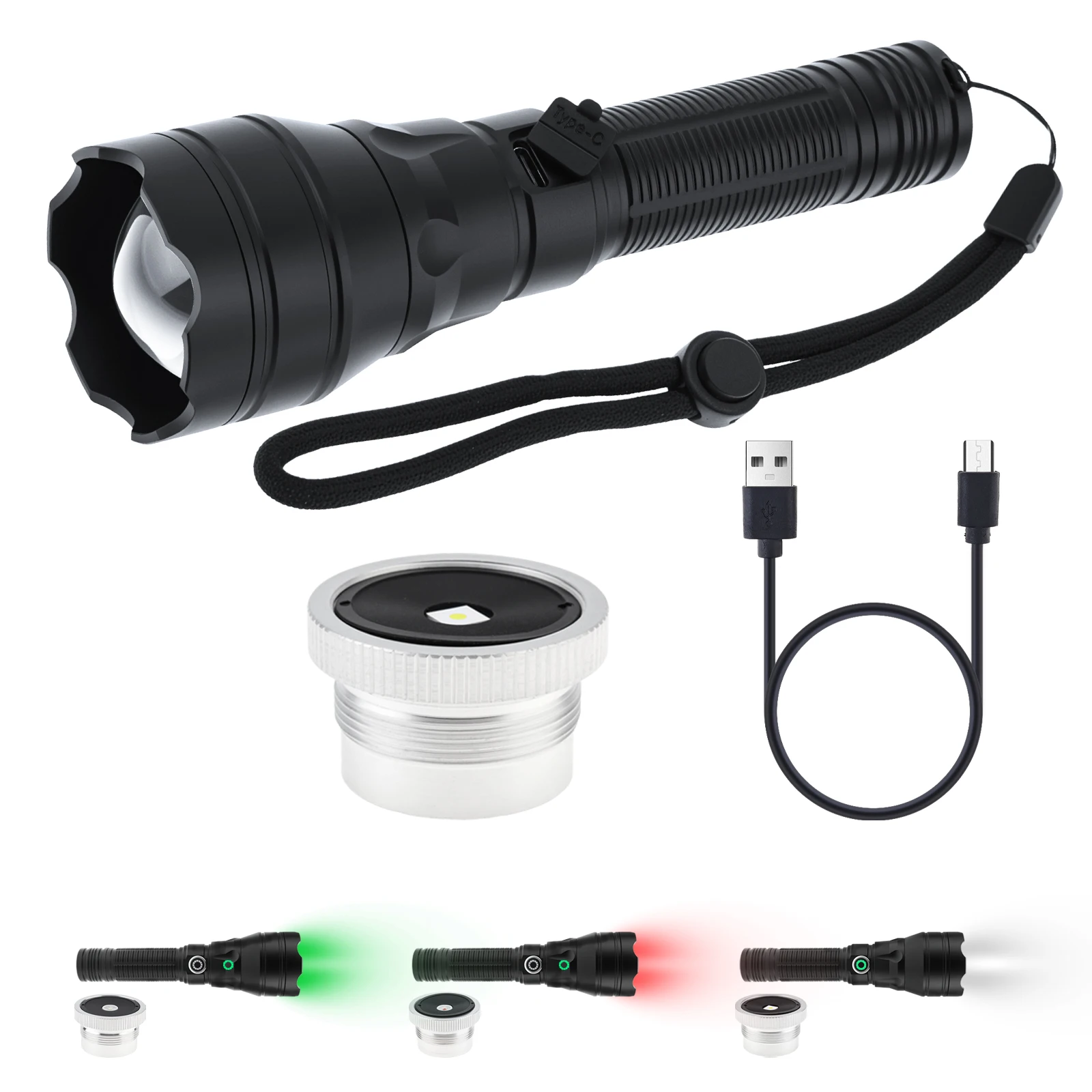 

Long Range Zoomable Hunting Light LED Flashlight Torch Type C Charging 1000 Lumens Aluminum Alloy Red Green White Scope Light