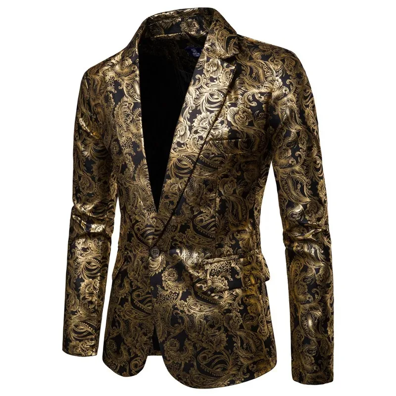 New Men\'s Slim Long-sleeved  Fashion Suits Shiny Bronzing Printed Suits Groomsmen Dress Jackets