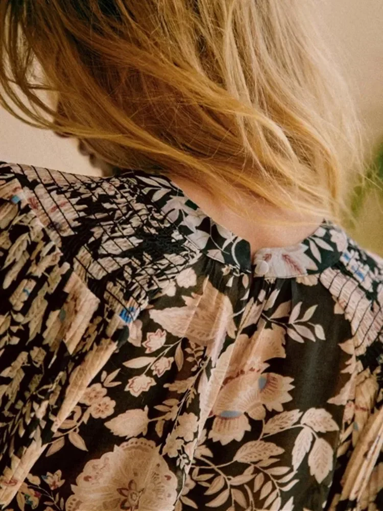 

2023 Spring French Vintage Floral Blouse for Ladies Holiday Women's Pleated Round Neck Long Puff Sleeve Pullover Shirt and Tops