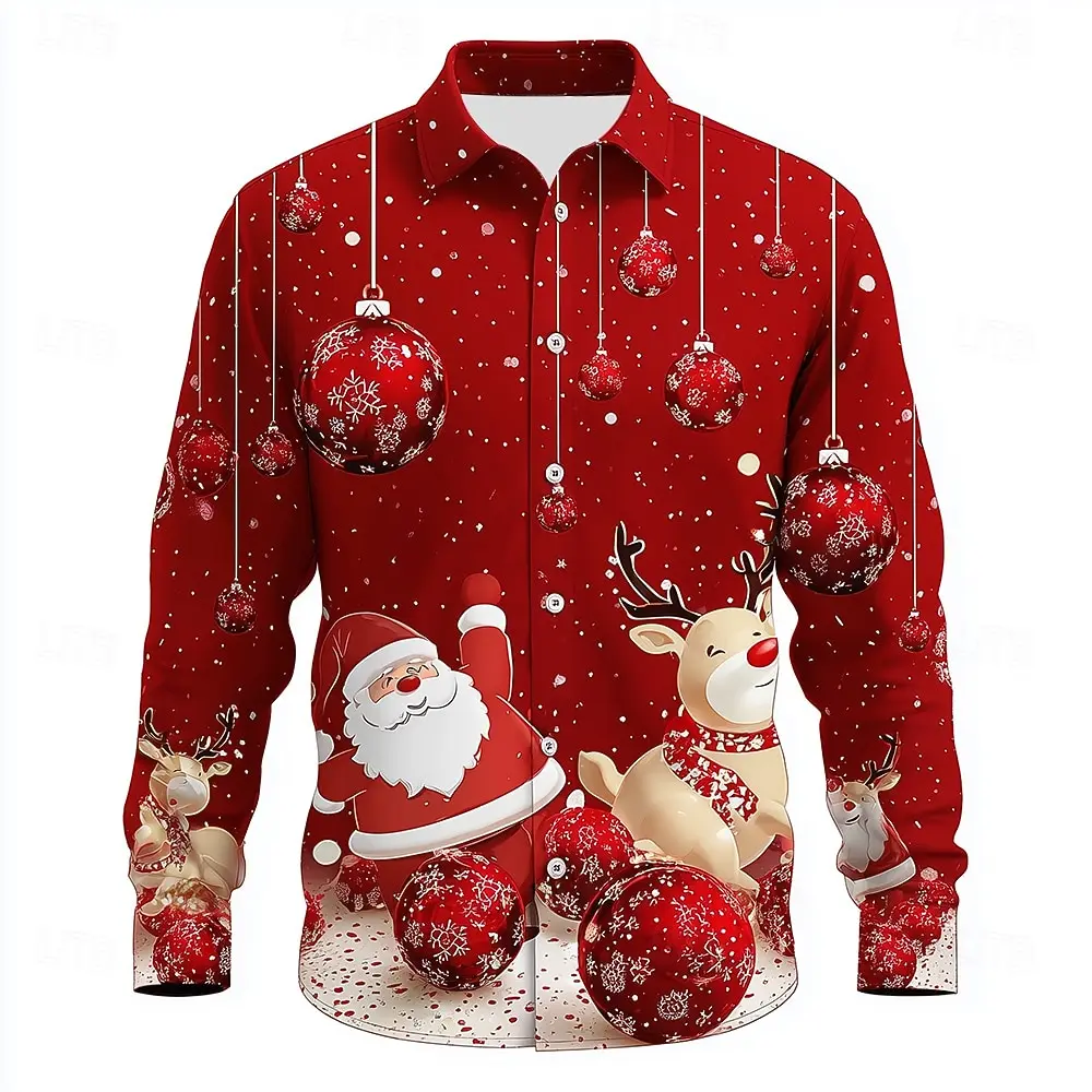 Santa Claus 3D Print Men's Shirts Autumn Casual Loose Lapel Tops Christmas Elk Pattern Long-sleeved shirt Fashion X'mas Clothes