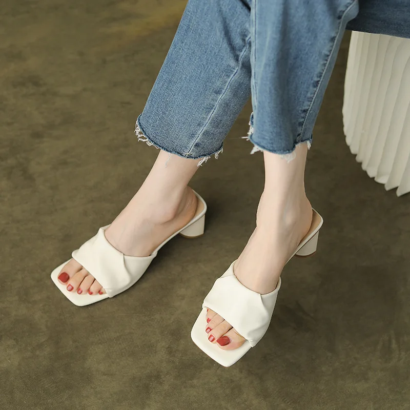 2023new Simple Slippers Women Thick Heel All-match Casual High Heeled Slippers Summertime Comfortable Square Toe Slippers