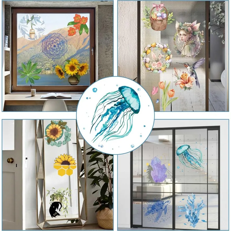 1Set 4 Styles Sea Animals Window Decals Static Glass Sticker Turtles Seahorses Whales Jellyfish Pattern Window Clings Film