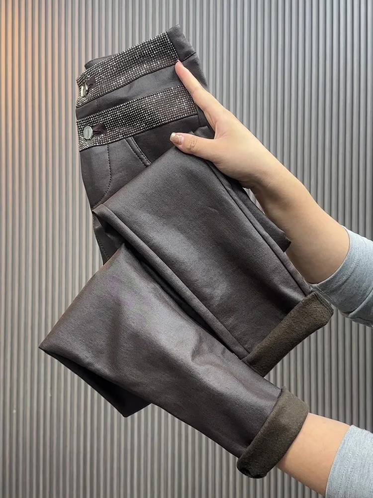 

Winter Slim Women Skinny Pencil Pu Leather Pants rhinestone Thick warm Pants Fashion Vintage Stretch Pants Black Casual Leggings