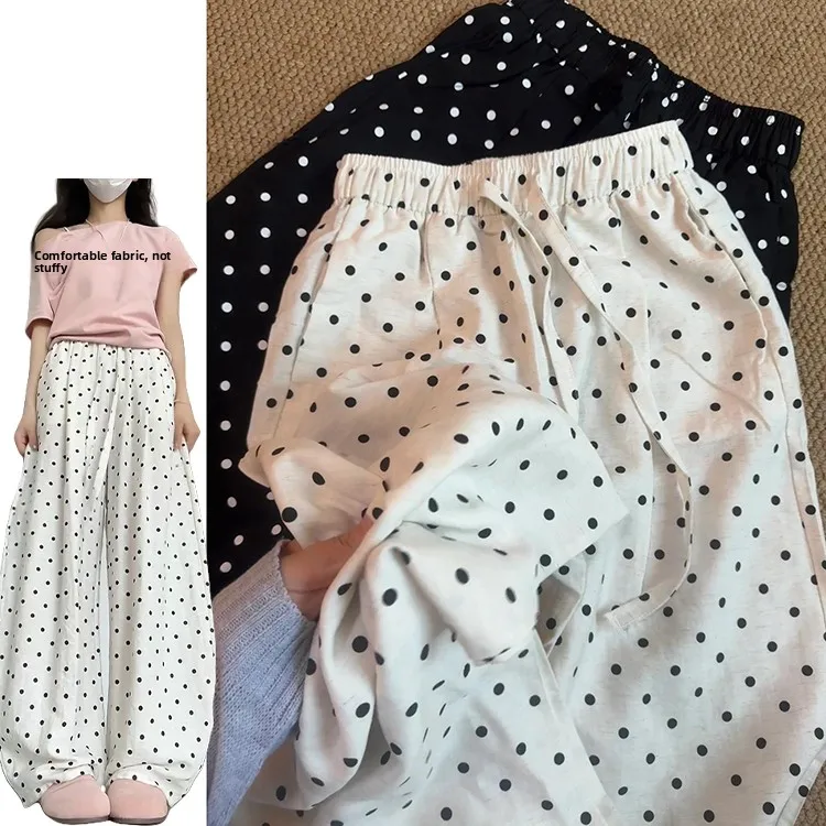 Pantalones japoneses de lunares para mujer, sensación colgante fina, cómodos, hasta el suelo, holgados, de cintura alta, pierna recta, verano
