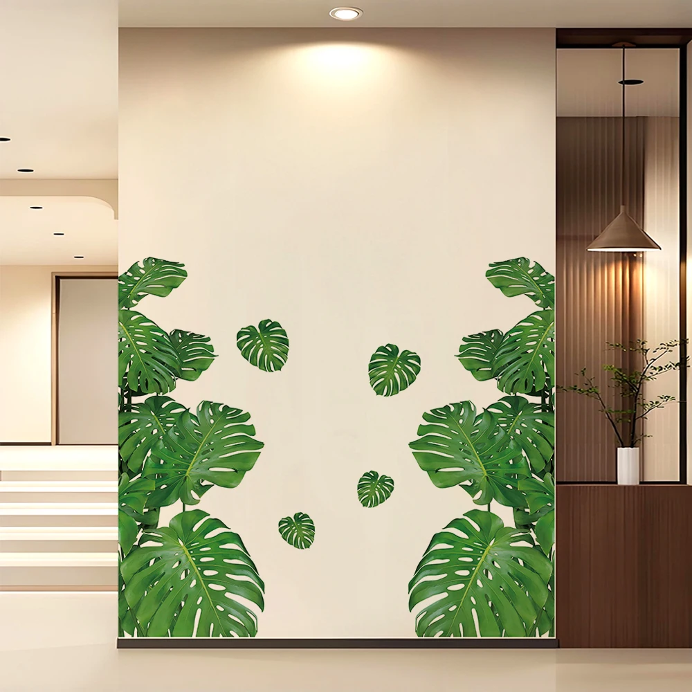 2pcs Large Size Green Plant Wall Decal Sticker For Home Decoration Monster Leaf Design Easy To Apply And Remove Home Wall Art
