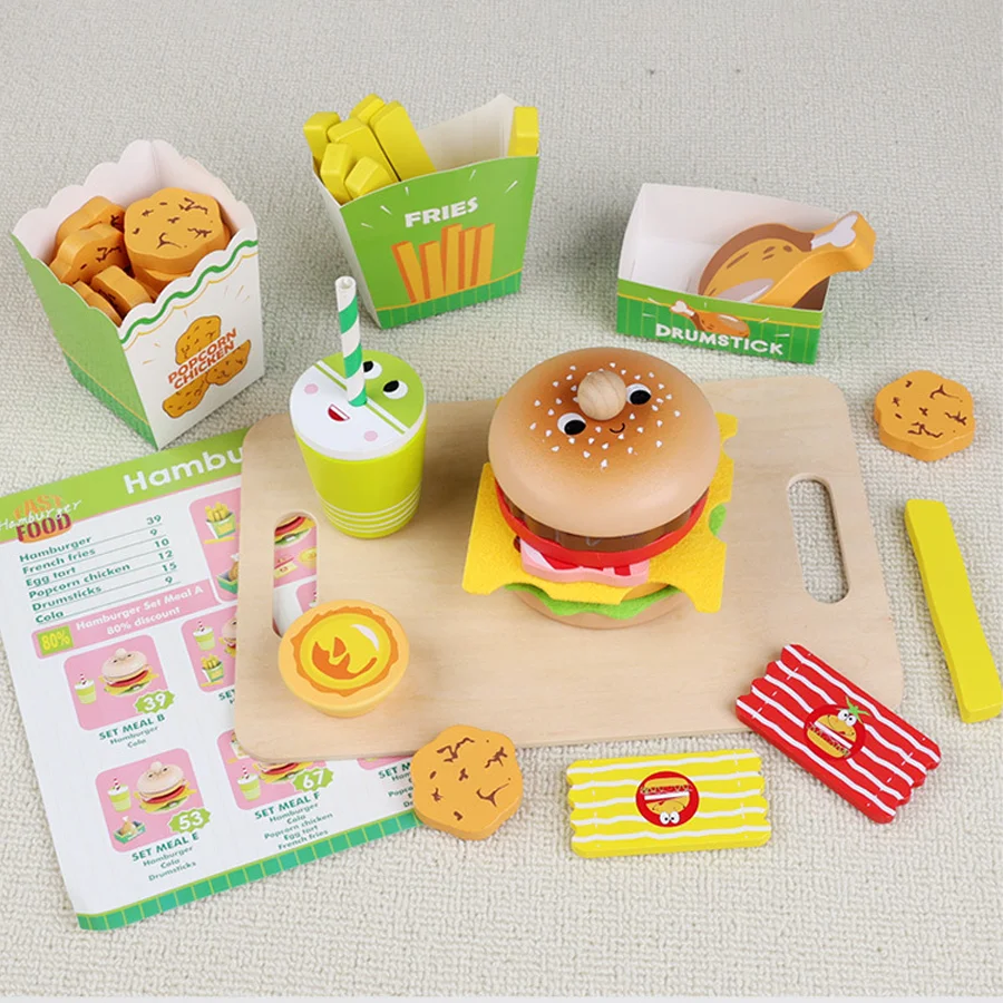 子供ごっこ遊び木製ハンバーガーチップセットシミュレーションキッチン食品ゲーム学習教育モンテッソーリおもちゃ子供のためのギフト