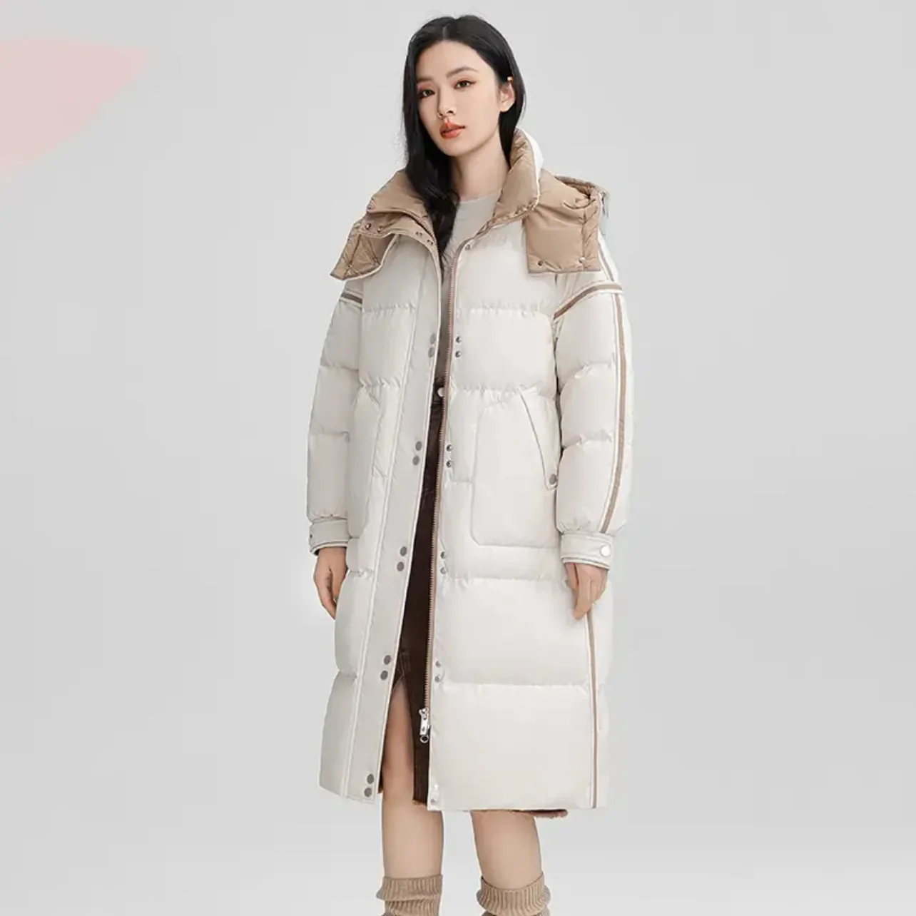 Long Down Jacket Women's Coat 2025 New Winter Contrast Color Stitching Hooded White Duck Down Jacket Casual Thicke Warm Parka