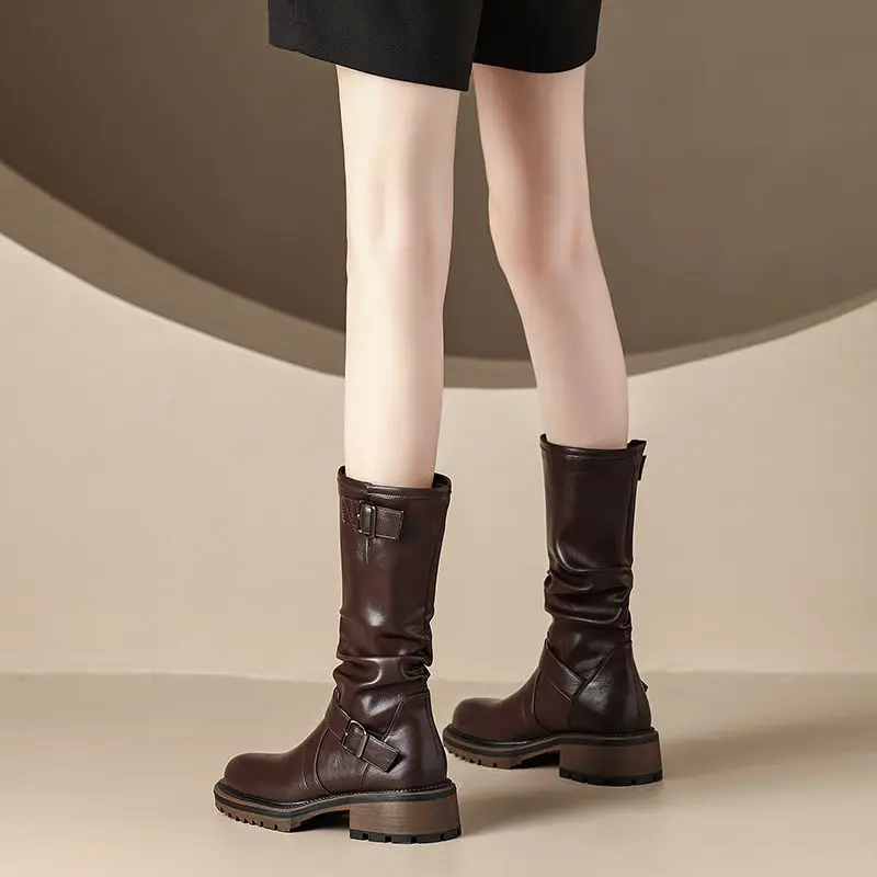 Black Ladies Mid Calf Shoes Middle Heel Leather Western Punk Women's Half High Boots New in Chic and Elegant Fashion 2024 Rock