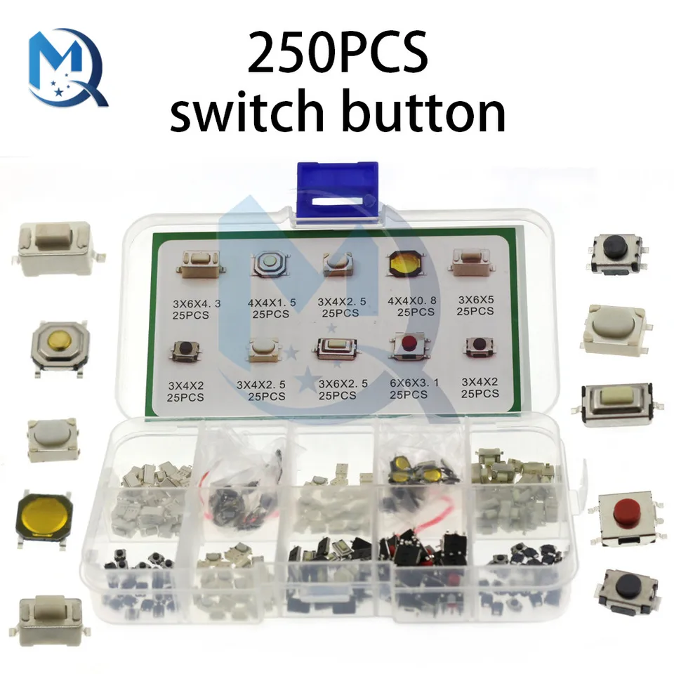 250pcs 10 Value Tactile Push Button Switch Micro Momentary Tact Assortment Kit w