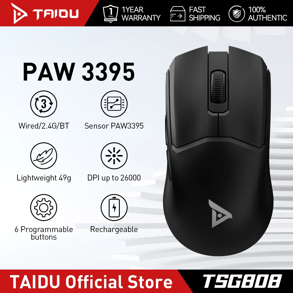 

Игровая мышь TAIDU TSG808, 26000 точек на дюйм, 650 дюймов, 49 г, легкая проводная/беспроводная/Bluetooth, мышь PAW 3395, для FPS, MOBA, 3A, eSports Game