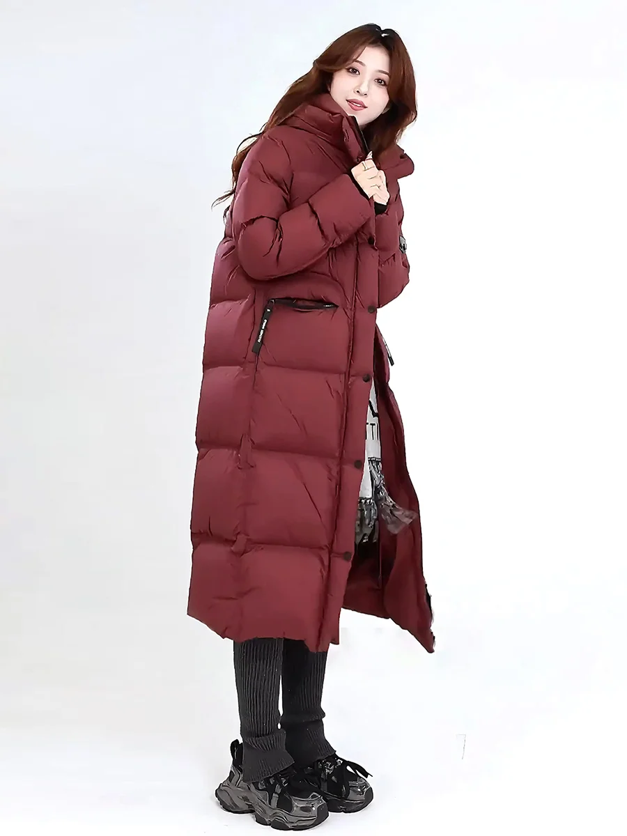 Faionable Red Mid-Length Daunen-Jahet-Damen-Wintermantel mit Kapuze, Luxury Feel Extreme Cold Series Thi White Du Feather