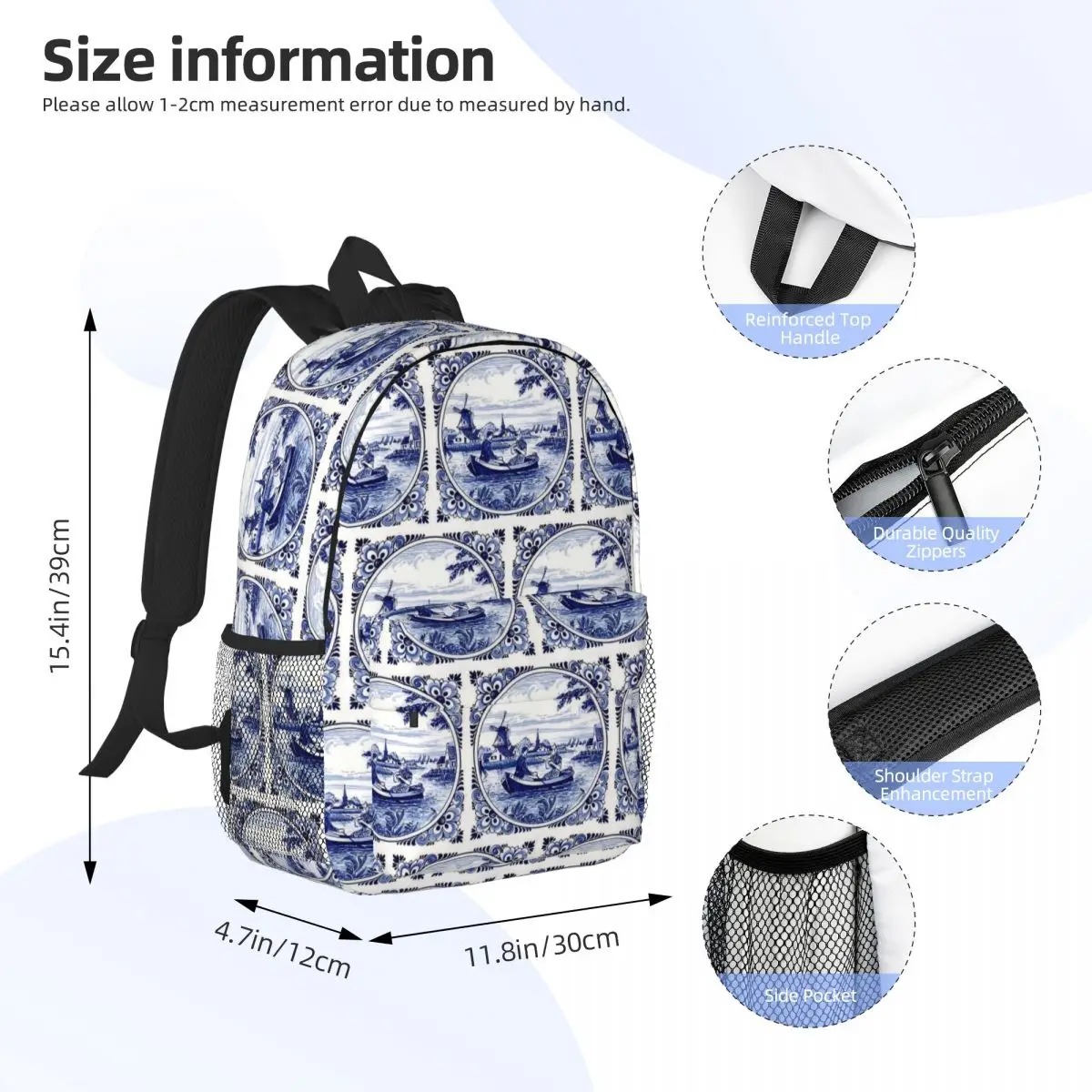 Dutch Blue Delft Windmill Church And Sailboats Backpack Student Boys Girls BookBag Men Women School Bag Laptop Shoulder Bags