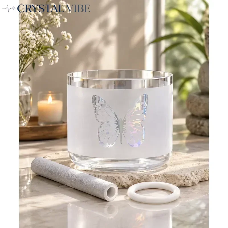 CRYSTAL VIBE 6 Inch Clear Cosmic Light Crystal Singing Bowl, Dream Snowland Butterfly Chakra Balancing Sound Healing With Mallet