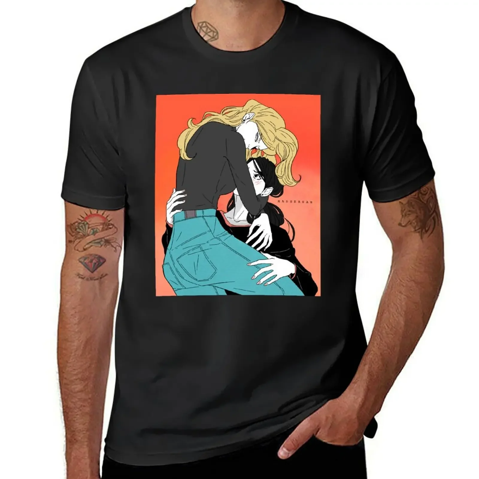 

Mitsu and Celia Hug Blindfold Mashersan T-Shirt Aesthetic clothing summer top Men's t-shirts