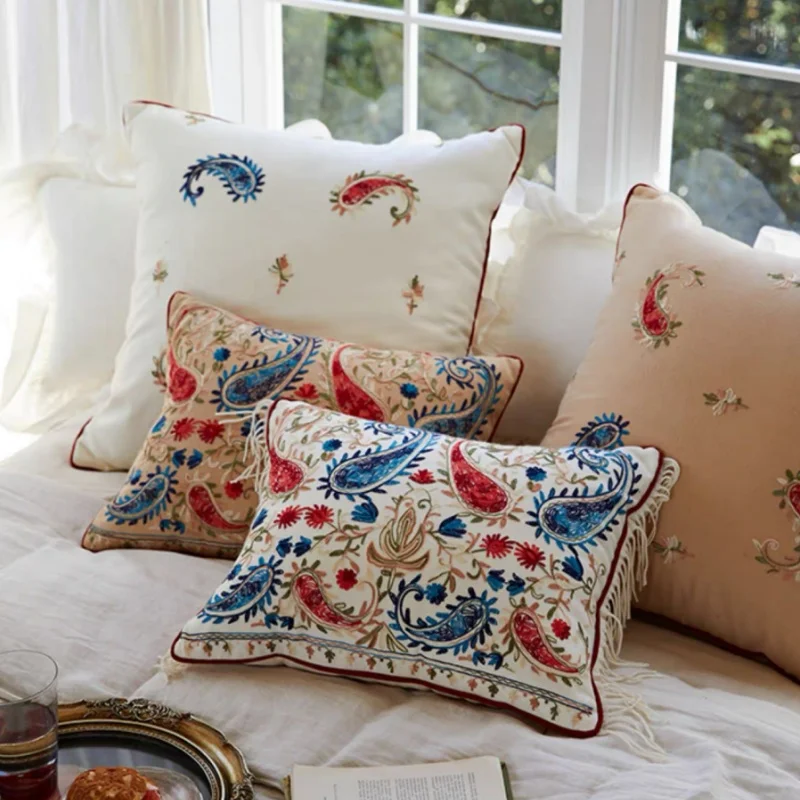 Retro Flora Embroidery Pillow Red Khaki White Cushion Case Luxury Decorative Pillow Cover For Sofa Chair Home Decorations