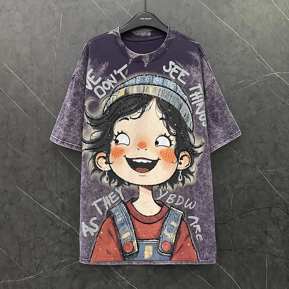 

Plus Size New Cartoon Sequined Embroidery Printed Short Sleeved T-shirt Girls Loose Casual Long Length Top Women