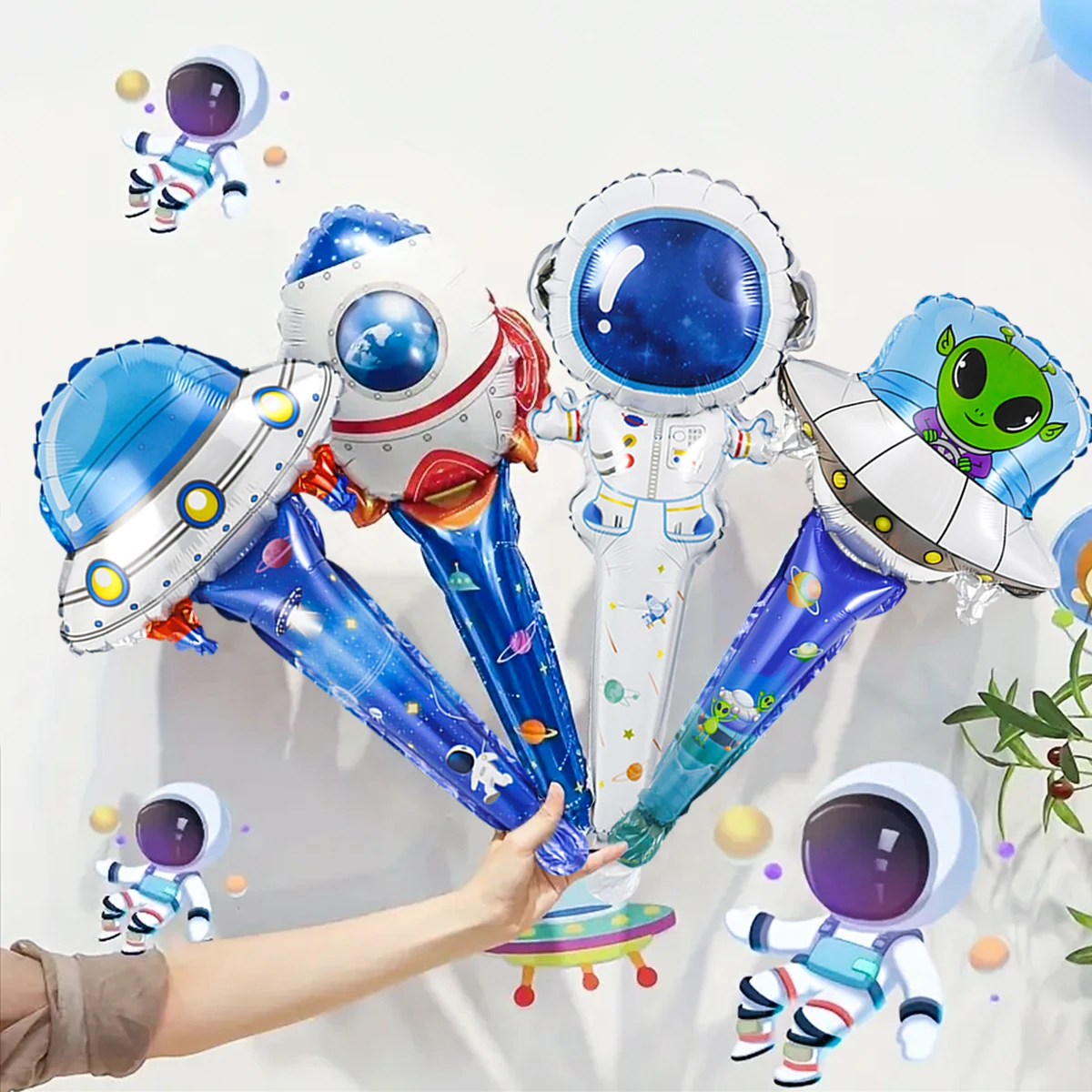 4pcs space themed astronauts, UFO handheld aluminum film balloons, suitable for birthday space themes, outdoor event decorations