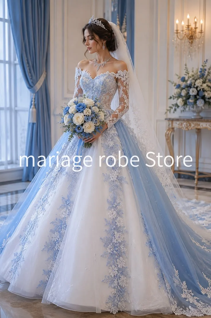 Elegant Blue White Princess Wedding Dresses Off Shoulder Long Sleeve Corset Lace-up Floral Applique Bbridal Gown Outfit Bespoke