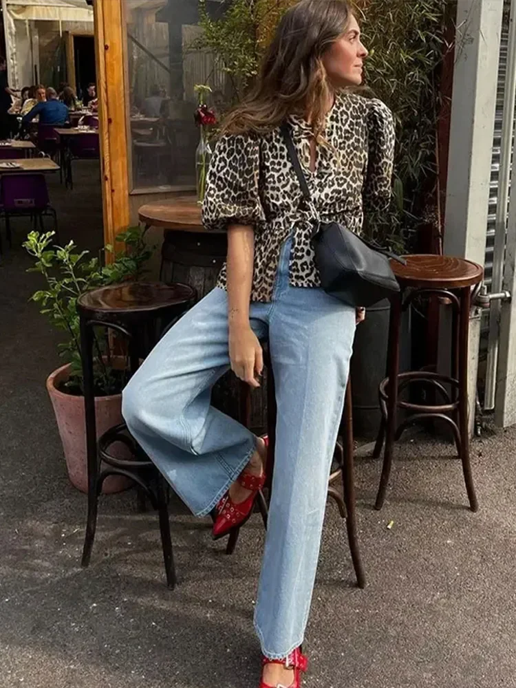 Fashion Leopard Puff Sleeve Lace Up Shirts for Women 2024 New Spring Summer Round Neck Cropped Blouse Female Ruffled Ladies Tops