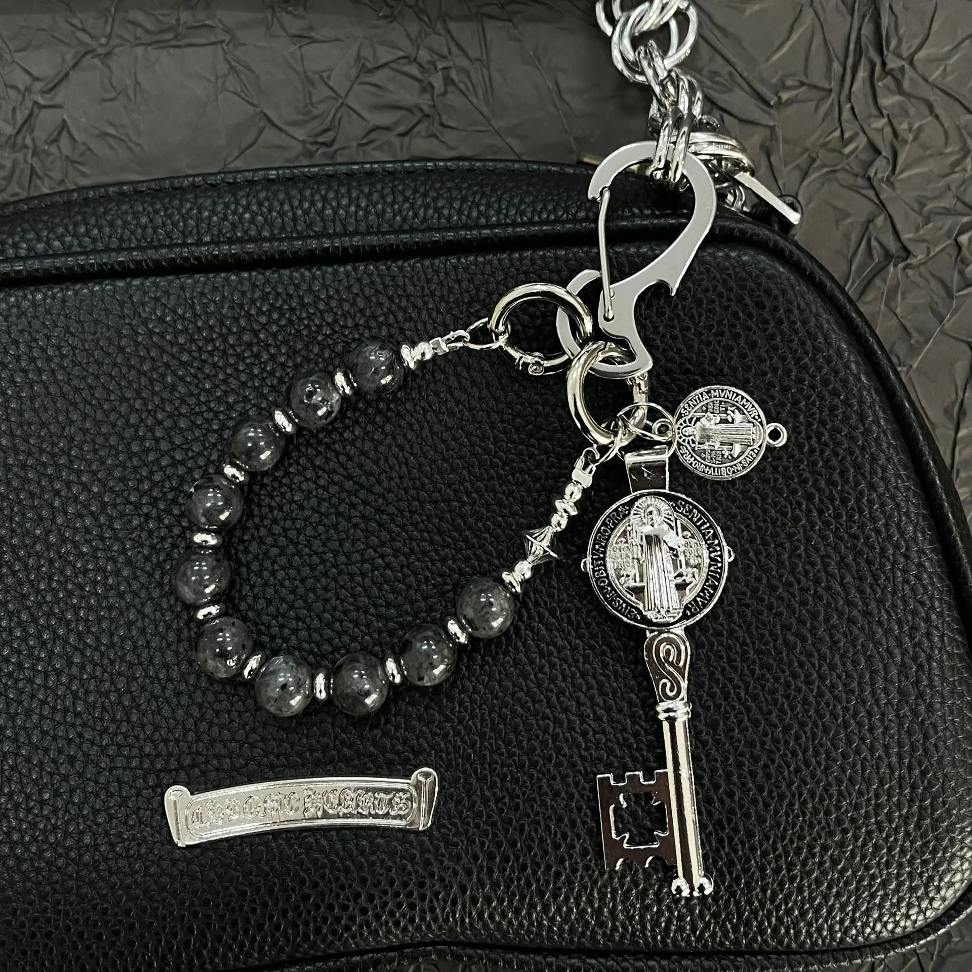 

Black Sparkling Chain, Cleanfit Keychain, Retro Cowhide Brand, Waist Accessory, Cross Saint Benedict Bracelet, Religious Jewelry