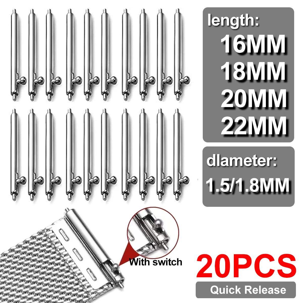 20 من دبابيس التحرير السريع ، قطرها ، من من من من من خلال إنشاء ، ~ ، للساعة الذكية 16/18/20/22 ، مفتاح الأذن من الفولاذ المقاوم للصدأ ، دبوس الأذن الخام ، شريط الأدوات