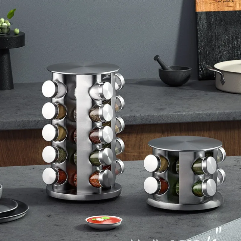 Stainless Steel Rotating Spice Storage Rack Condiments Shelf Seasoning Jar Set Kitchen Supplies 16 Holes Kitchen Accessories