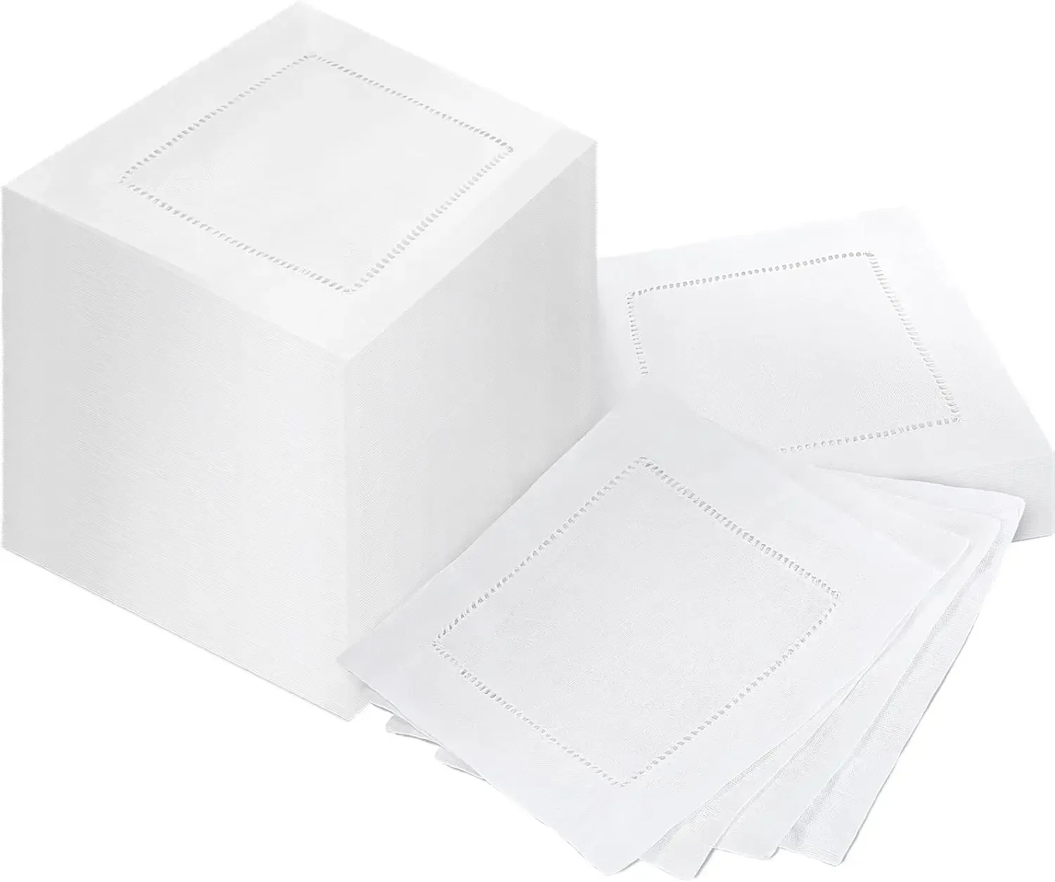 24Pcs White Linen Hemstitch Cocktail Napkins Square Solid for Wedding Dining Cocktail Napkins Parties Holidays or Everyday Use