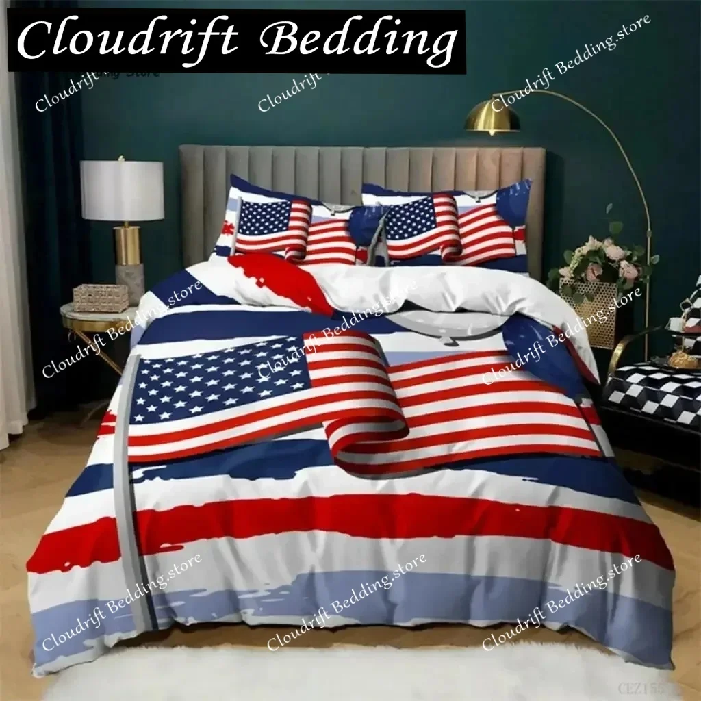3D Print National Flag Bedding Set Queen Size Microfiber Geometric Stripe American Flag Duvet Cover Set with 2 Pillowcases