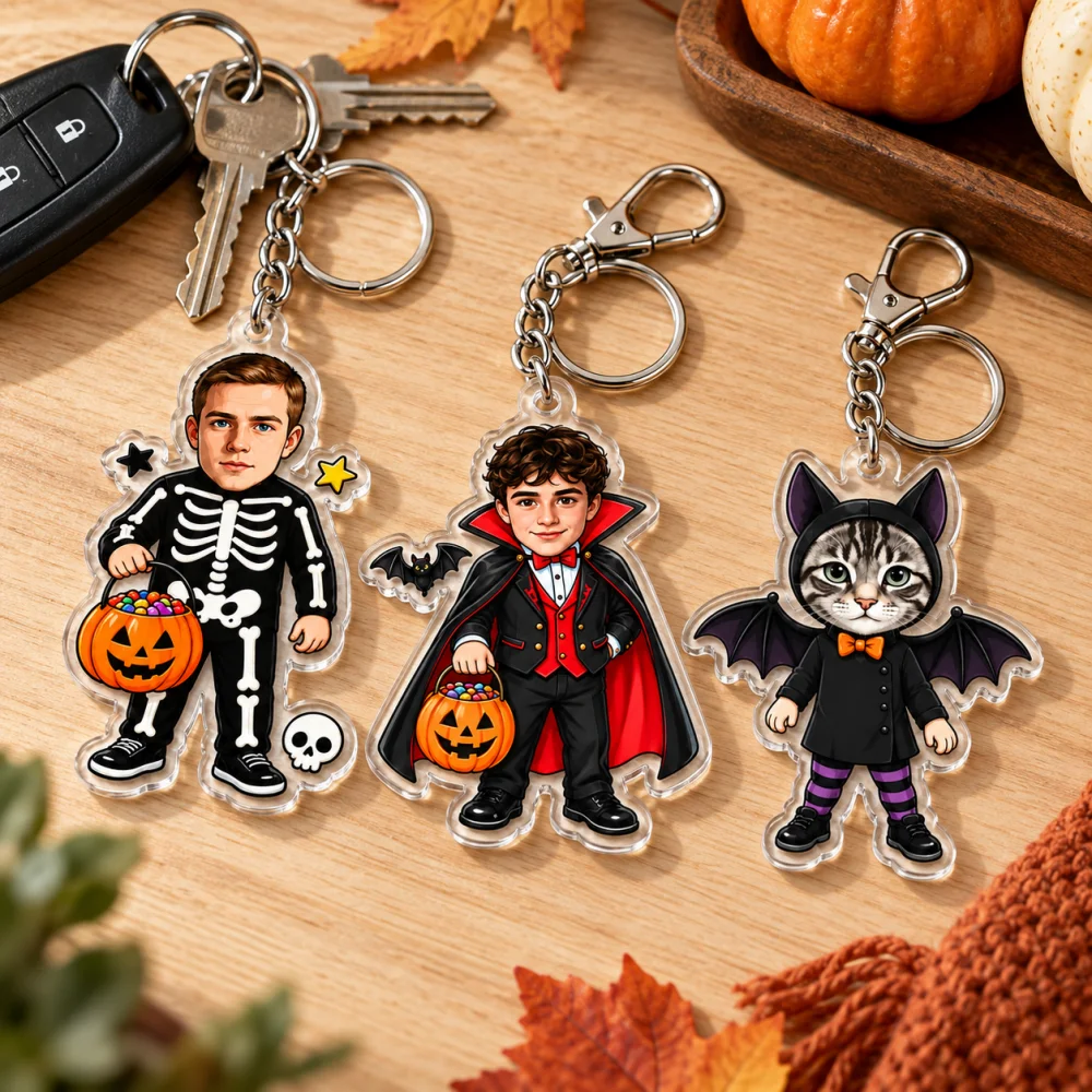 3PCS Custom Upload Photo Halloween Acrylic Keychains, 2D Flat Portrait Key Rings, Cute Halloween Themed Bag Pendant Gift Pack