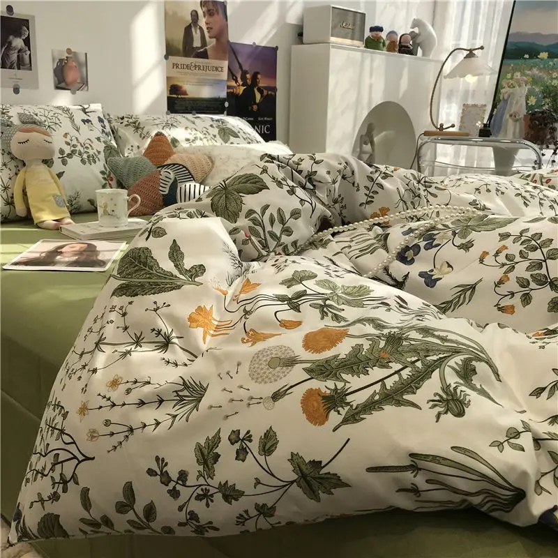 Imagem -04 - Green Series Flower Bedding Conjunto para Meninas Capa de Edredão Fronha Folha Plana Roupa de Cama Macia Têxtil Doméstico Queen King Size Ins