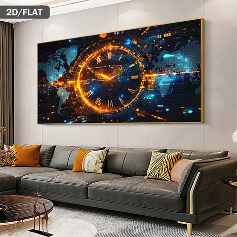 Large Abstract Global Clock Canvas Print World Map with Luminous Neon-like Line Wall Art Posters for Living Room Home Decor