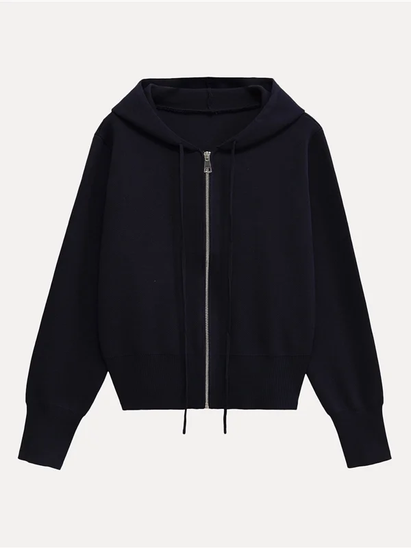 

Fashionable Casual Style Knitted Hat Jacket Women's All-Match Flat Needle Coat Short Length Zipper Closure Cotton Blend