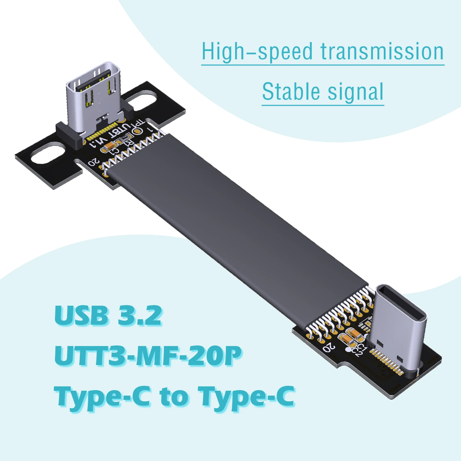 USB3.2 flat data flex extension cable C male type-c slim and short Gen2x2 20G.bps