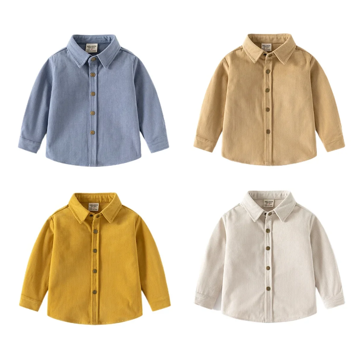 

Spring Autumn 2024: Handsome Boys' Solid Color Corduroy Shirts New Kids Pure Color Shirt Available in 4 Colors for Ages 3-8.