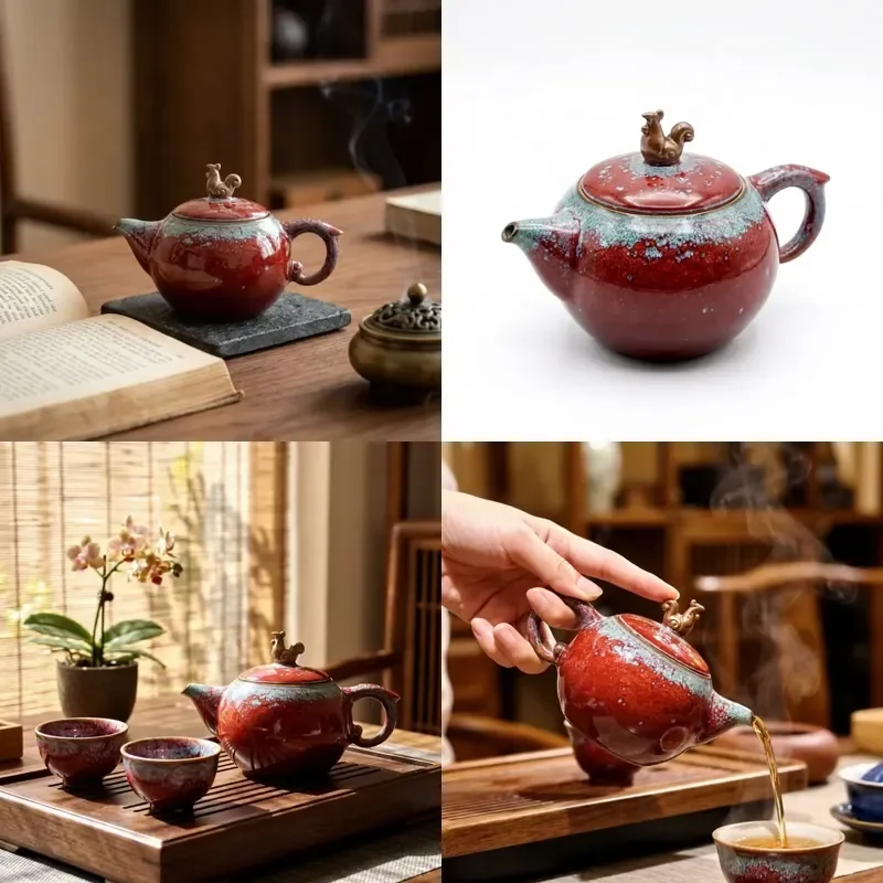 

【CHIMU HOME】 Handcrafted Jun Porcelain Red Rooster-Knob Teapot 230ml for Asian Zen Style Chinese Intangible Cultural Heritage