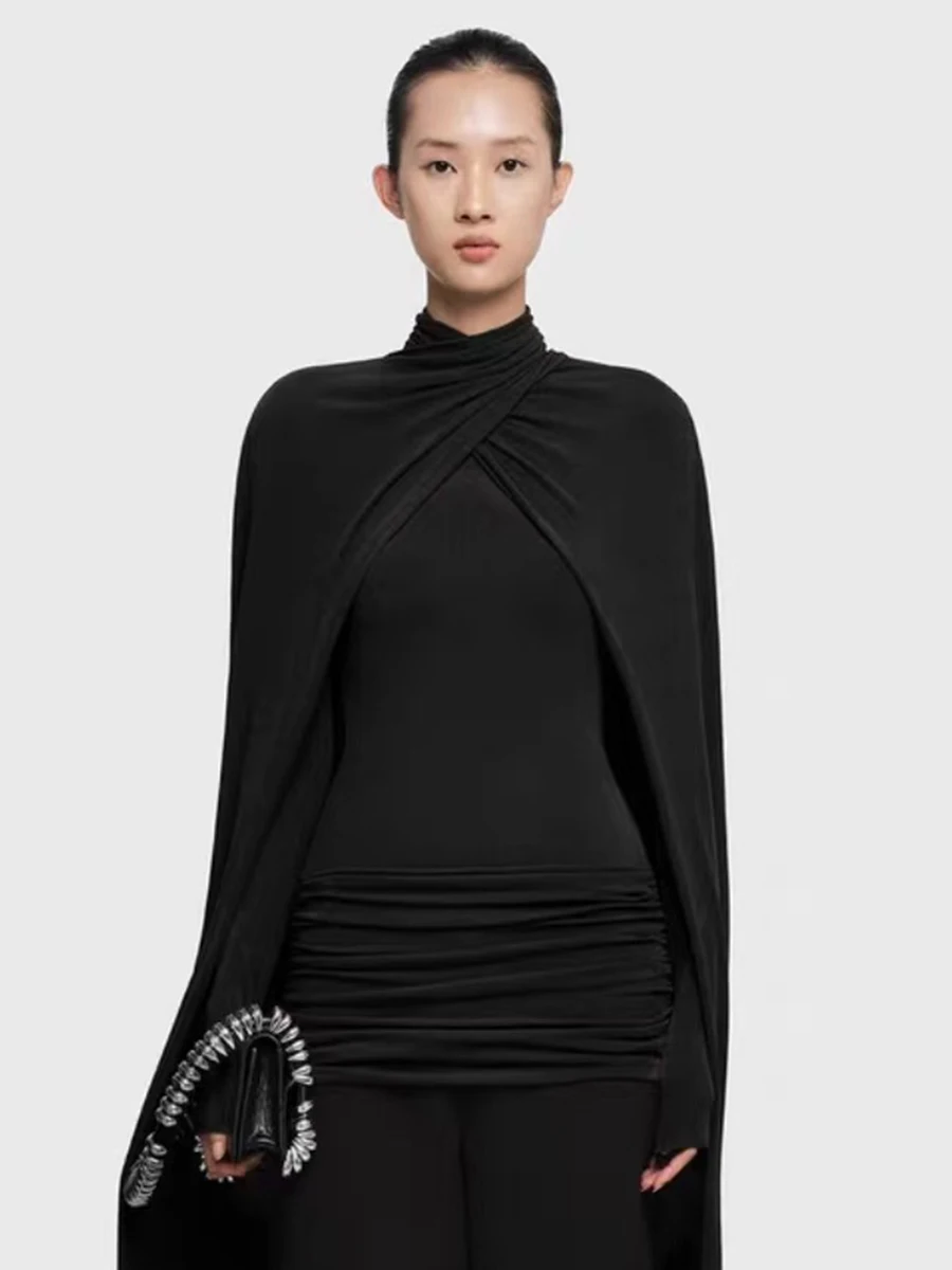 VGH Premium Feel Solid Slimming T Shirts For Women Turtleneck Long Sleeve Autumn Elegant Folds T Shirt Female Fashion Style New