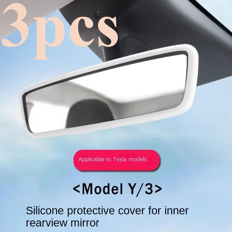 3pcs Silicone Car Interior Accessories Black White Pink Grey For Tesla Model 3 Y Rearview Mirror Protectors Interior Mouldings