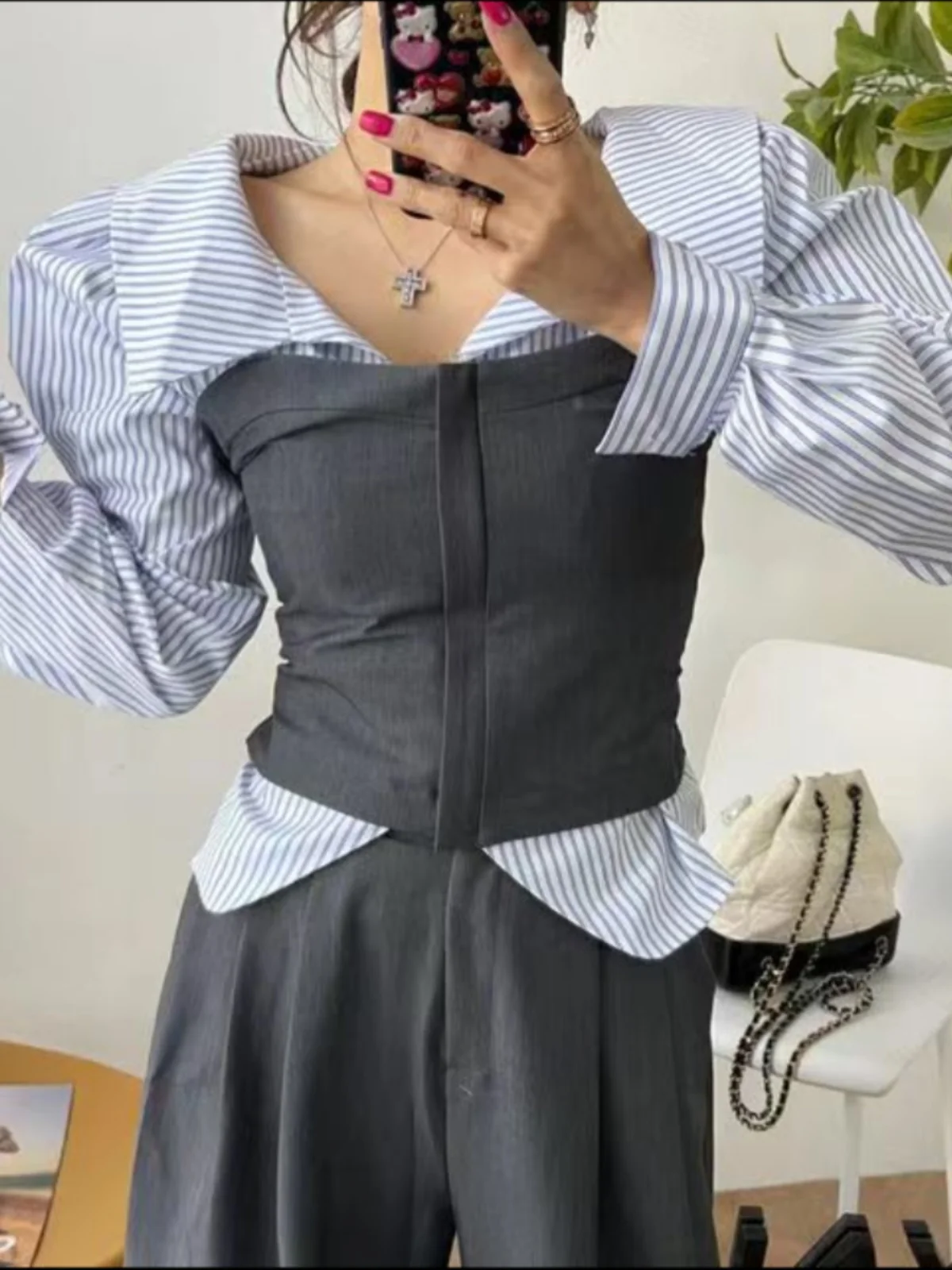 

Korean Sle Women's irt + Faion Wrap Chest + High Waist Slimming Wide Leg Pants Tee-Piece Set Long Sve Large Collar...