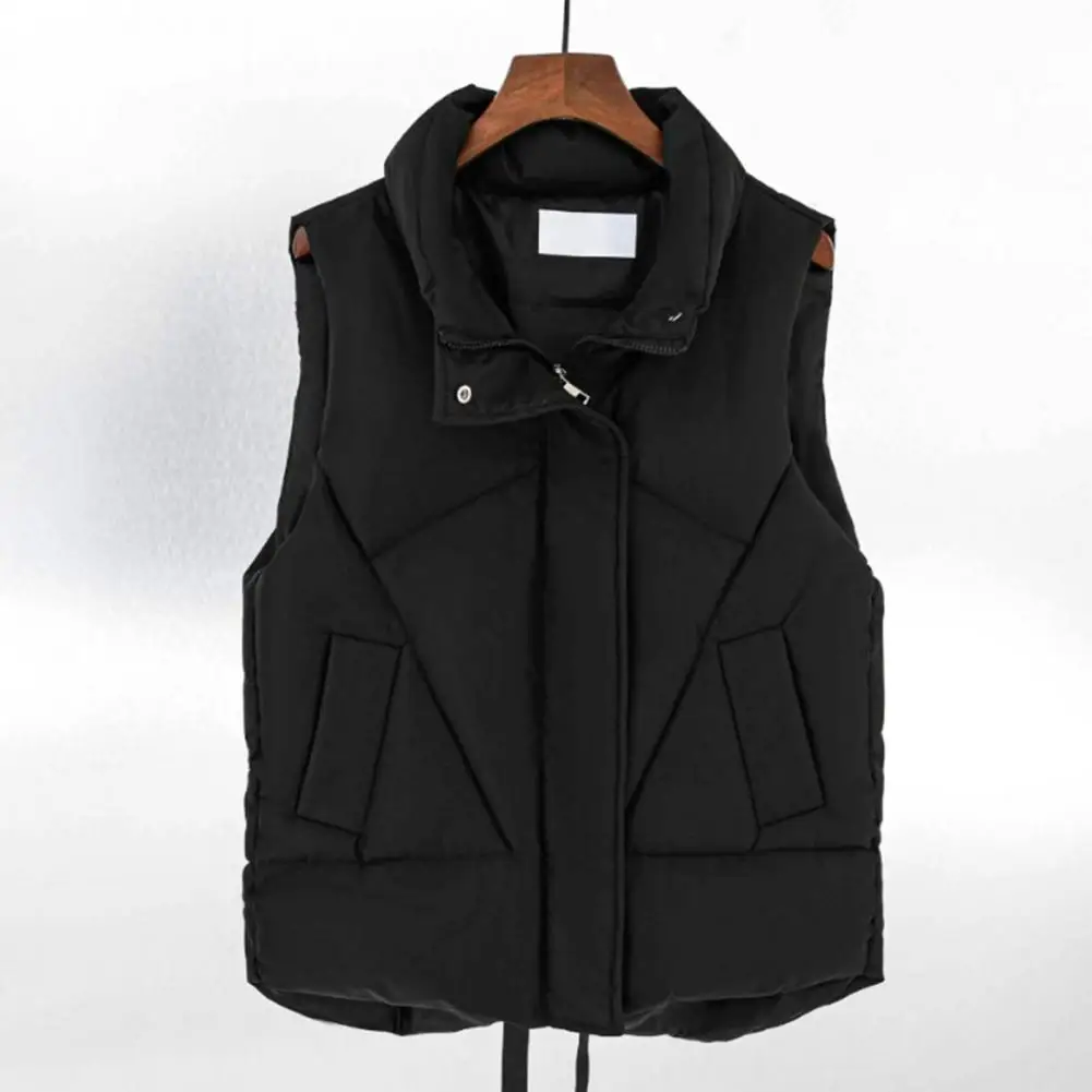 Women Waistcoat Women\'s Windproof Cotton Padded Vest with Stand Collar Drawstring Waist Sleeveless Winter Jacket with Zipper