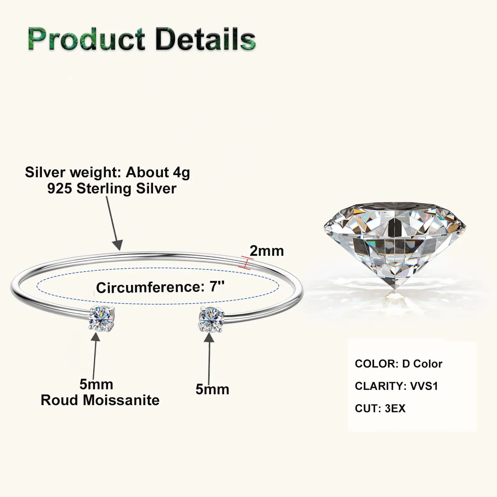 Metis 5 مللي متر 0.5CT D VVS1 مويسانيتي الإسورة الكفة ريال 925 فضة سوار للنساء افتتاح اليد الأصفاد غرامة مجوهرات هدايا