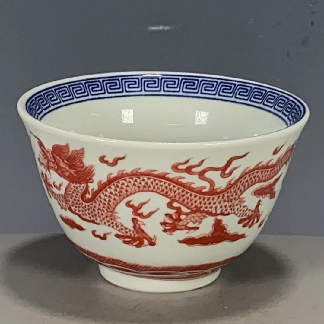 Porcelain object collection annual blue and white glazed red dragon and phoenix master cup