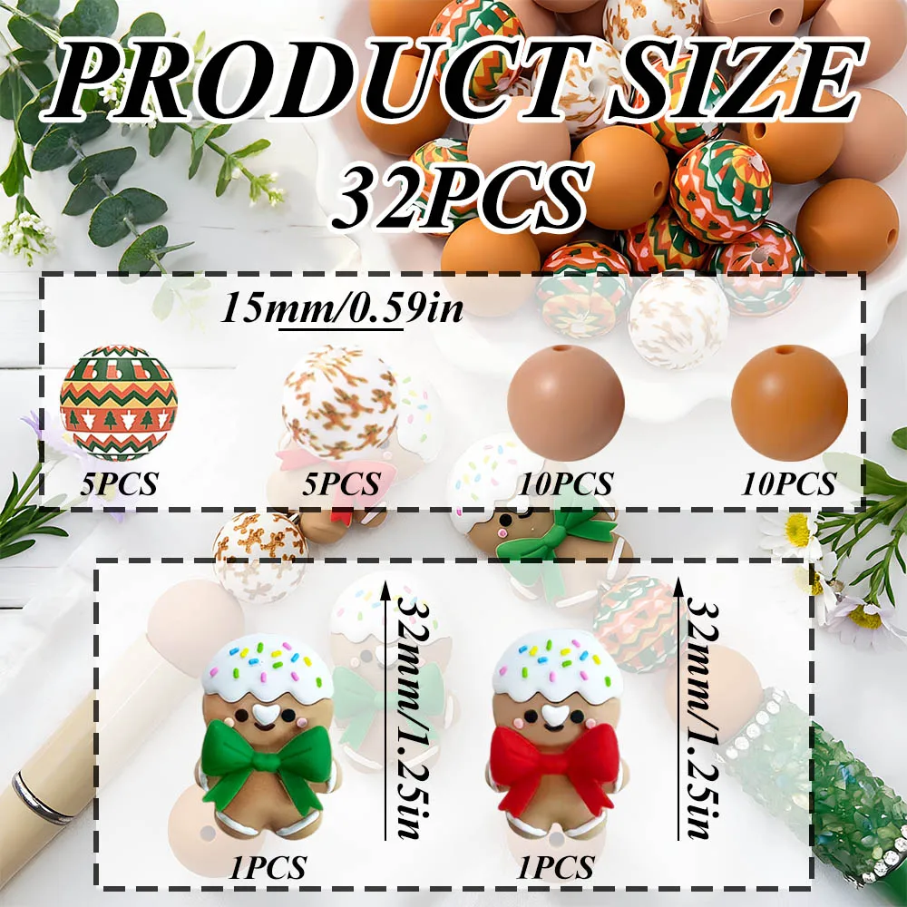 32-teiliges Set mit Weihnachts-Lebkuchenmann-Silikonperlen zum Selbermachen von Perlenketten, Armbändern, Stiften, Schmuckanhängern usw. Geburtstagsgeschenk für die Feiertage – Detail 4