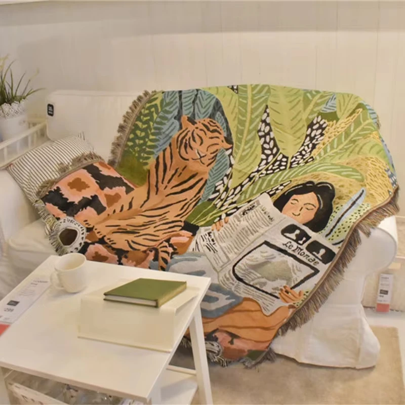 

Tiger Newspaper Girl Bohemia Throw Blanket Sofa Covers Tassel Dust Cover Air Conditioning Blankets For Bed Camping Rugs Picnics